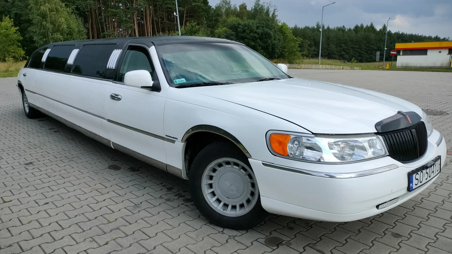 Biała limuzyna marki Lincoln zaparkowana na brukowanym placu przy lesie.